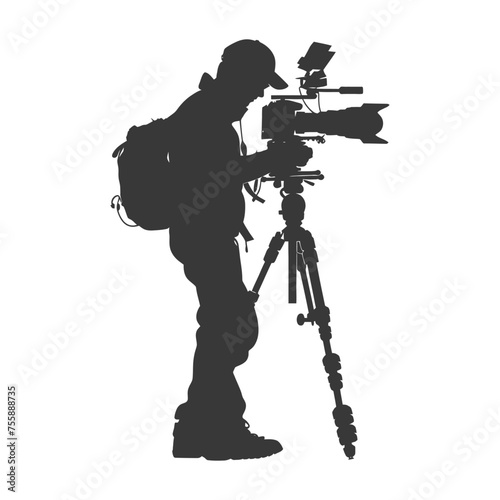 Silhouette cameraman or videographer in action black color only full body