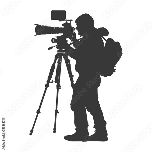 Silhouette cameraman or videographer in action black color only full body