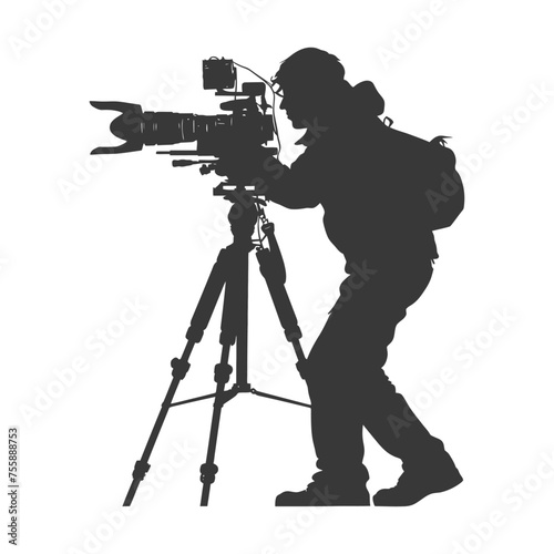 Silhouette cameraman or videographer in action black color only full body