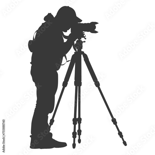 Silhouette cameraman or videographer in action black color only full body