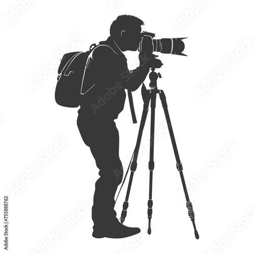 Silhouette cameraman or videographer in action black color only full body