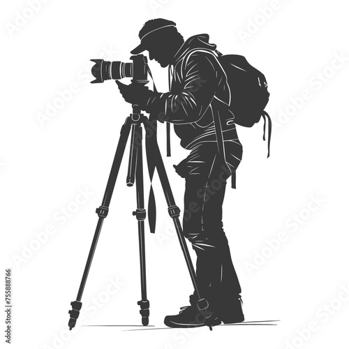 Silhouette cameraman or videographer in action black color only full body