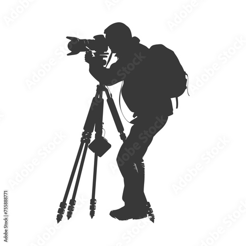 Silhouette cameraman or videographer in action black color only full body