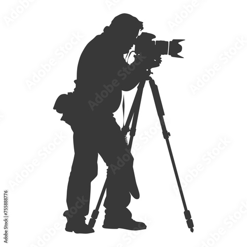 Silhouette cameraman or videographer in action black color only full body