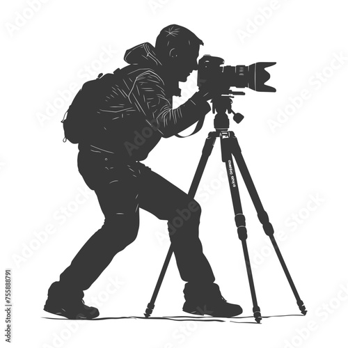 Silhouette cameraman or videographer in action black color only full body