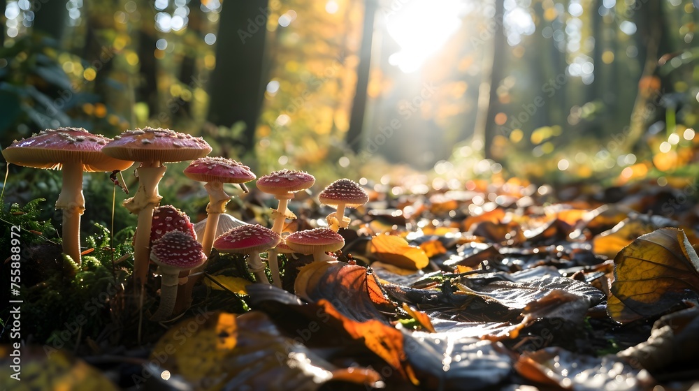 A Majestic View of Wild Mushrooms Amidst Fall Leaves A Majestic View of Wild Mushrooms Amidst Fall Leaves