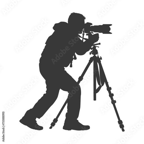 Silhouette cameraman or videographer in action black color only full body