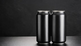 Two black aluminum cans mockup on table. Beer or soda drink package. Liquid in metallic container.