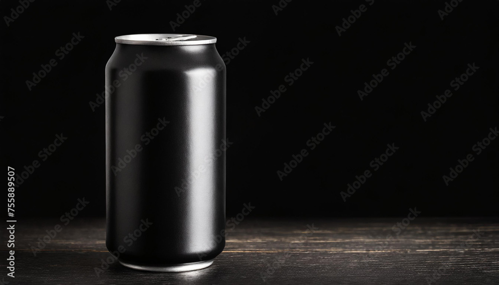 Black aluminum can mockup on wooden table. Beer or soda drink package. Liquid in metallic container. Black aluminum can mockup on wooden table. Beer or soda drink package. Liquid in metallic container.