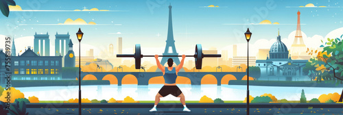 flat illustration, the Summer Olympic Games in Paris, weightlifting, an athlete lifts a barbell against the backdrop of the Eiffel Tower and a panorama of the sights of Paris, the Seine river photo