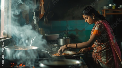 Kitchen Chronicles: Side View of Young Indian Woman Engaged in Cooking generative ai © RamvijayB