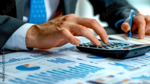 A businessman's hands meticulously calculating financial forecasts with a calculator and spreadsheets, emphasizing accuracy photo