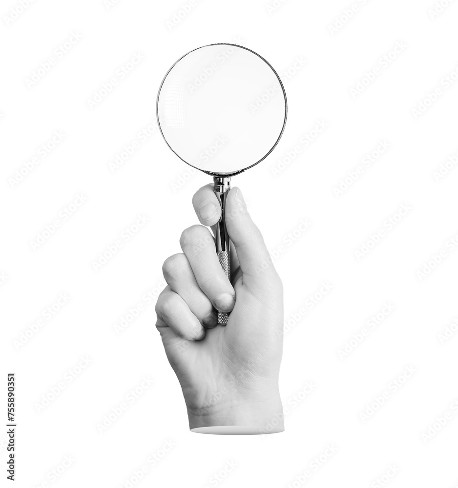 Hand holding magnifier, loupe, magnifying lens glass isolated on white background, transparent PNG Hand holding magnifier, loupe, magnifying lens glass isolated on white background, transparent PNG