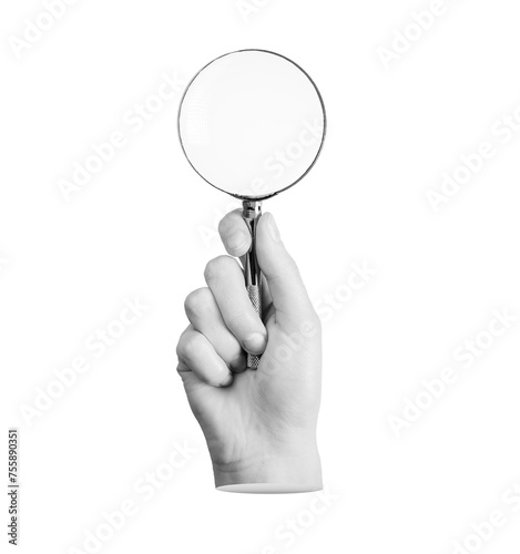 Hand holding magnifier, loupe, magnifying lens glass isolated on white background, transparent PNG photo