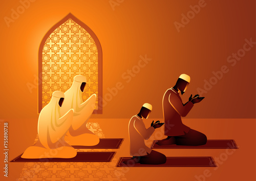 Vector illustration of muslim family praying together