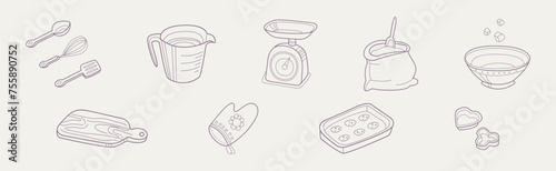 Baking and Bakery Equipment and Tool Flat Line Vector Set