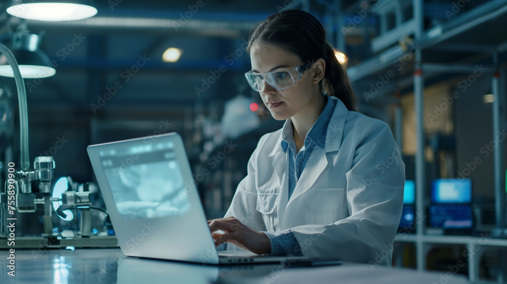 Woman wearing a lab coat and safety glasses, working in laboratory and using a laptop Woman wearing a lab coat and safety glasses, working in laboratory and using a laptop
