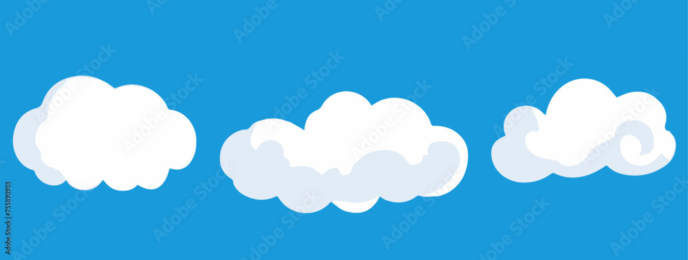 Vector illustration of white clouds. Isolated cartoon design clouds set on a blue background.