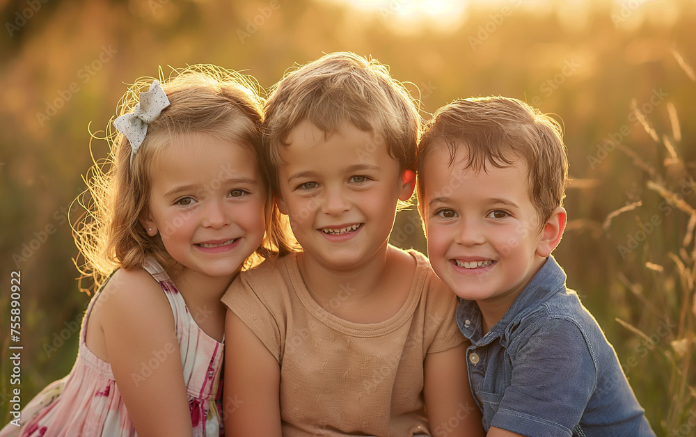 Fototapeta premium Family photo of three kids blurry background