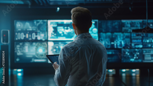 Hacker looking at multiple monitors, monitoring personnel, Scientist looking at supercomputer