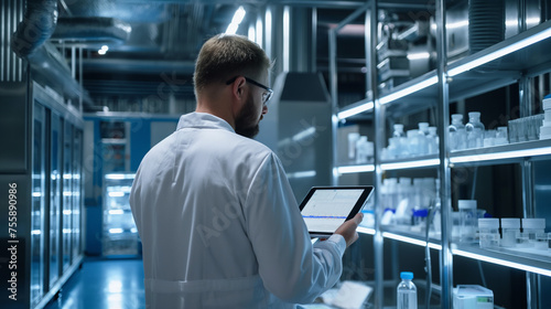 Backshot of a scientist using tablet in laboratory