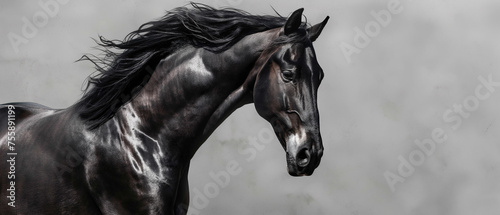 Cavalo preto isolado no fundo cinza 