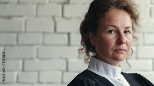 Mulher juiz isolada e no fundo uma parede de tijolos branca photo