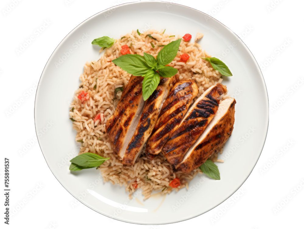 Grilled Chicken Breast with Rice isolated on transparent background, transparency image, removed background