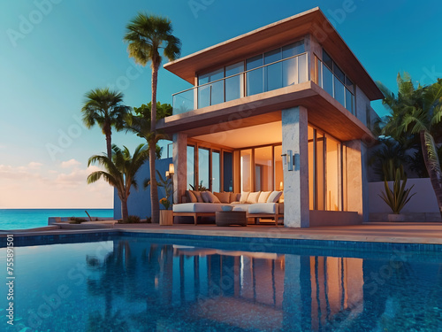Beautiful paradise villa on the device screen on a blue background, design.