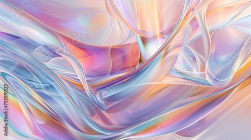 A digital art composition featuring an abstract background with swirling glass shapes  creating a sense of fluidity and movement. The colors include pastel rainbow hues that shimmer in the light. Gene