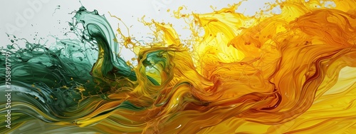 A painting of a yellow and green wave with a splash of blue © SynchR