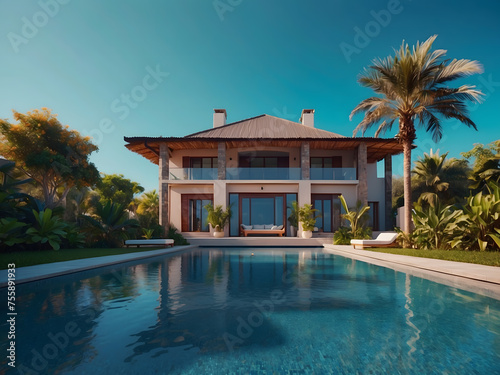 Beautiful paradise villa on the device screen on a blue background, design. © Mahmud