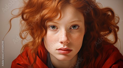 Oil Painting Of A Young Beautiful Girl With Red Ginger Curling Hair And Gray Blue Eyes, Freckles Closeup. Generative AI illustration Natural Beauty Of Woman. Horizontal 