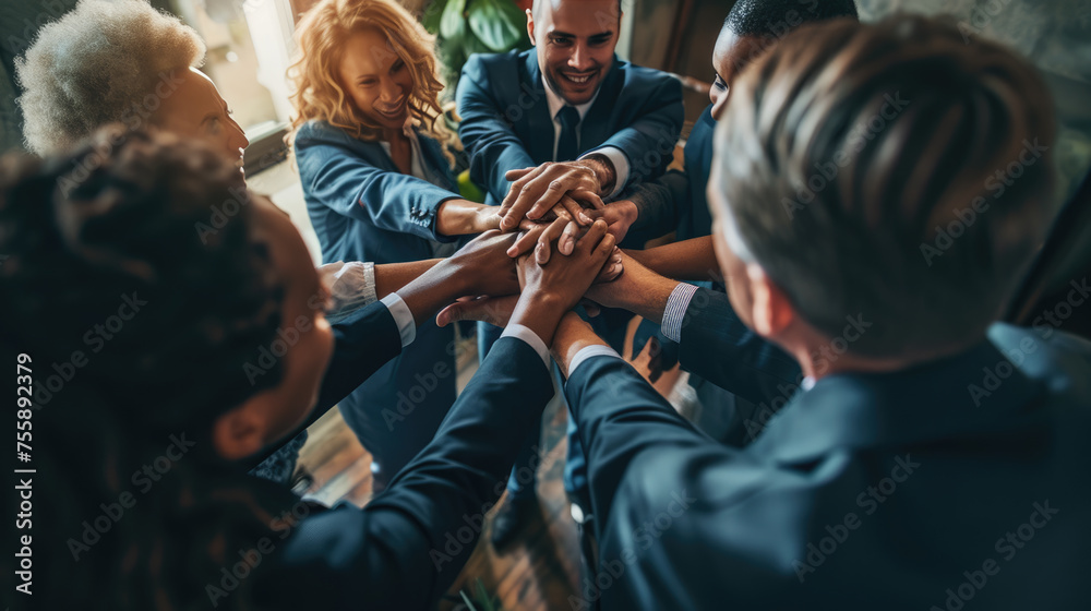 Obraz premium Group of people's hands joined together in the center of a table filled with work materials, signifying teamwork and collaboration.