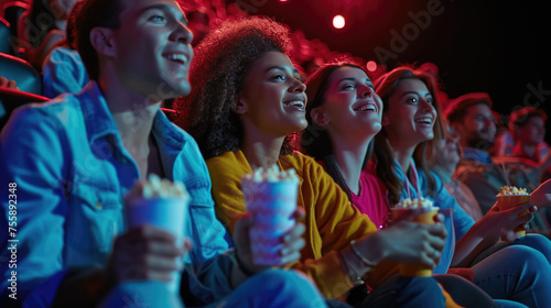 Excited audience in a cinema, with people smiling and looking up, some pointing, while holding popcorn and engaging in a shared entertaining experience.