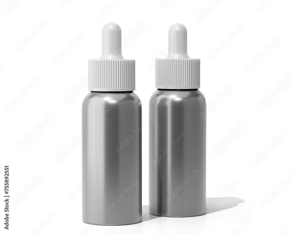 Blank white aluminum dropper bottle Isolated On Transparent Background. cosmetic packaging. 3D Render. Blank white aluminum dropper bottle Isolated On Transparent Background. cosmetic packaging. 3D Render.
