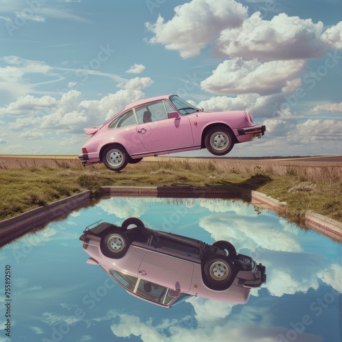 Retro car reflected in a puddle. 3d illustration.