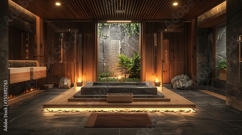 A spa-like bathroom retreat with warm wood accents, soft lighting, and a Japanese soaking tub surrounded by natural stone elements for a tranquil and luxurious ambiance.