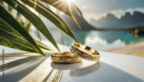 wedding rings on a pillow photo