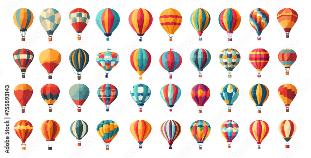 Aerostats with basket hot air balloon different patterns cartoon style vector set. Sky transport travel journey vibe colorful illustrations isolated on white background Aerostats with basket hot air balloon different patterns cartoon style vector set. Sky transport travel journey vibe colorful illustrations isolated on white background