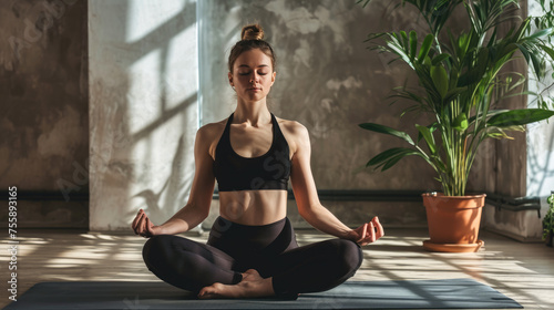 Woman sitting in the lotus position on a yoga mat, meditating with her eyes closed