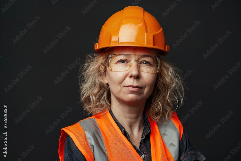 A woman wearing a safety vest and an orange helmet A woman wearing a safety vest and an orange helmet