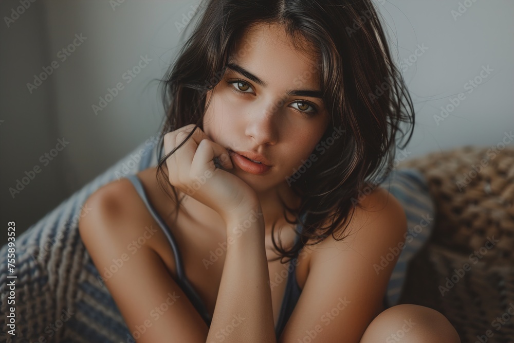 A woman with green eyes and brown hair is sitting on a couch A woman with green eyes and brown hair is sitting on a couch