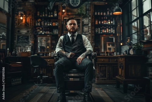 A man sits in a barber chair in a barbershop