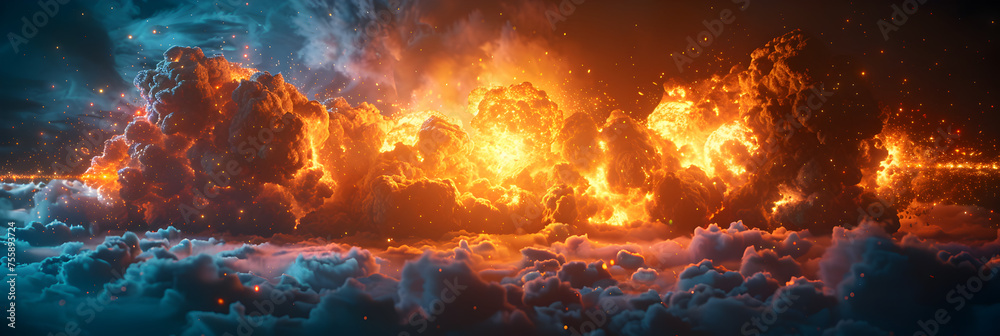 Nuclear explosion. Tactical Nuclear Weapon Strike,
Fire and water background with a fire burning in the middle.
