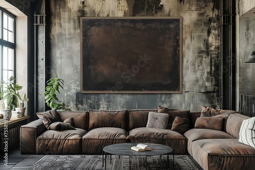 A living room with a large brown couch and a black coffee table