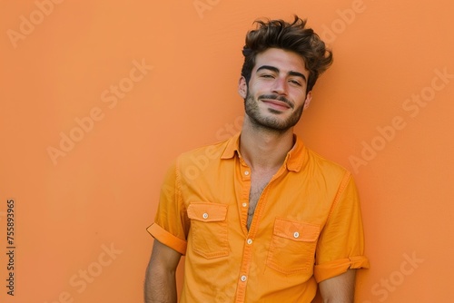 A man in an orange shirt is smiling and posing for a picture