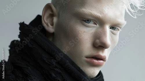 International Albinism Awareness Day, genetic feature, portrait of an albino guy of model appearance, pure snow-white skin, looking into the camera, light background