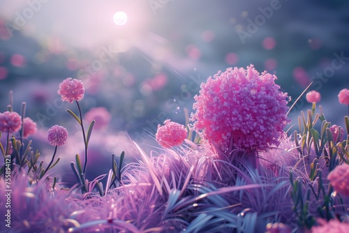 A field of pink flowers with a pink tree in the middle
