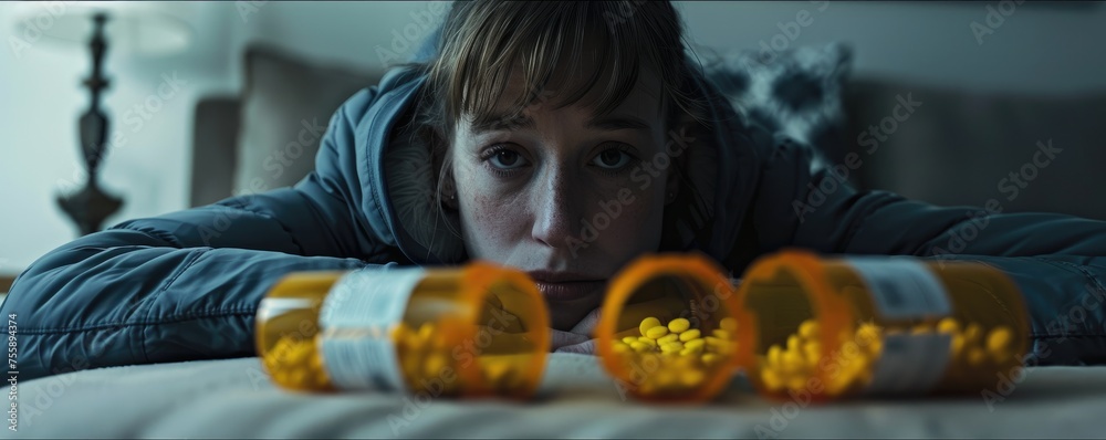 Worried young woman with medication bottles